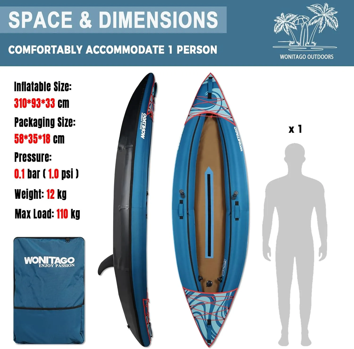 Inflatable Kayak, Recreational Touring Kayak with Adjustable Kayak Paddle, Hand Pump and Carrying Bag, 1/2 Person