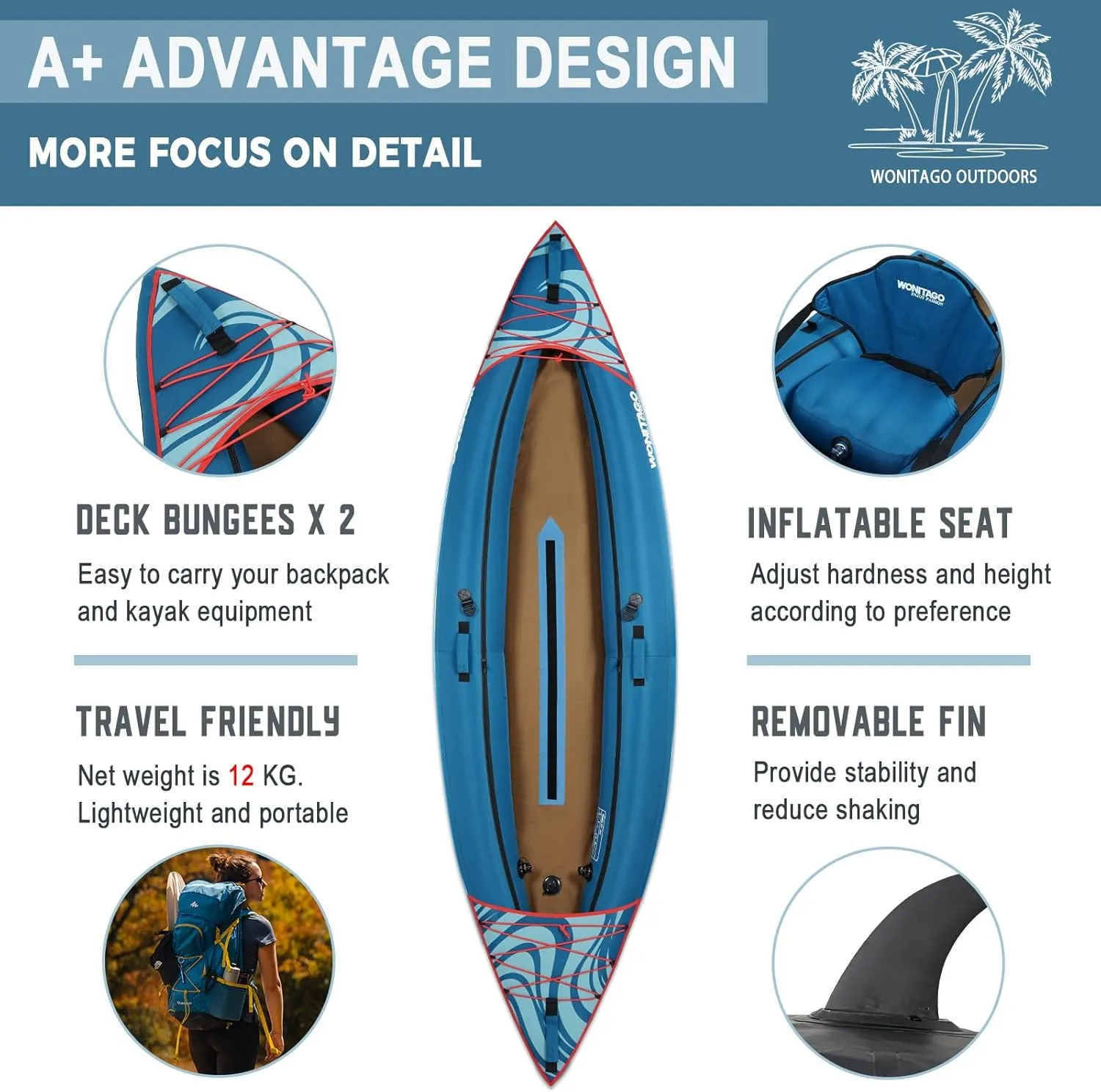 Inflatable Kayak, Recreational Touring Kayak with Adjustable Kayak Paddle, Hand Pump and Carrying Bag, 1/2 Person