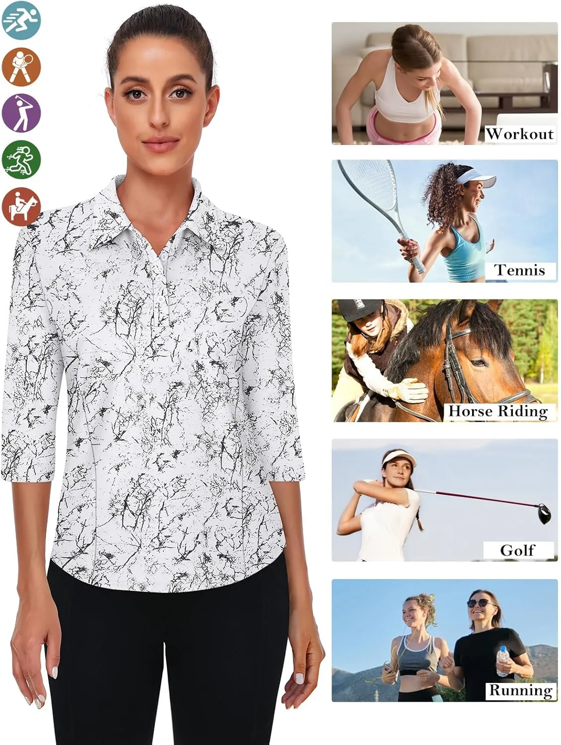 Zamowoty Women's 3/4 Sleeve Golf Tennis Polo Shirts 4-Button Dry Fit Workout Tops Athletic Shirt UPF50 
