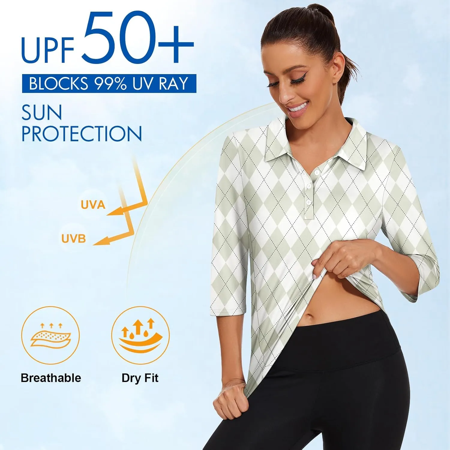 Zamowoty Women's 3/4 Sleeve Golf Tennis Polo Shirts 4-Button Dry Fit Workout Tops Athletic Shirt UPF50 