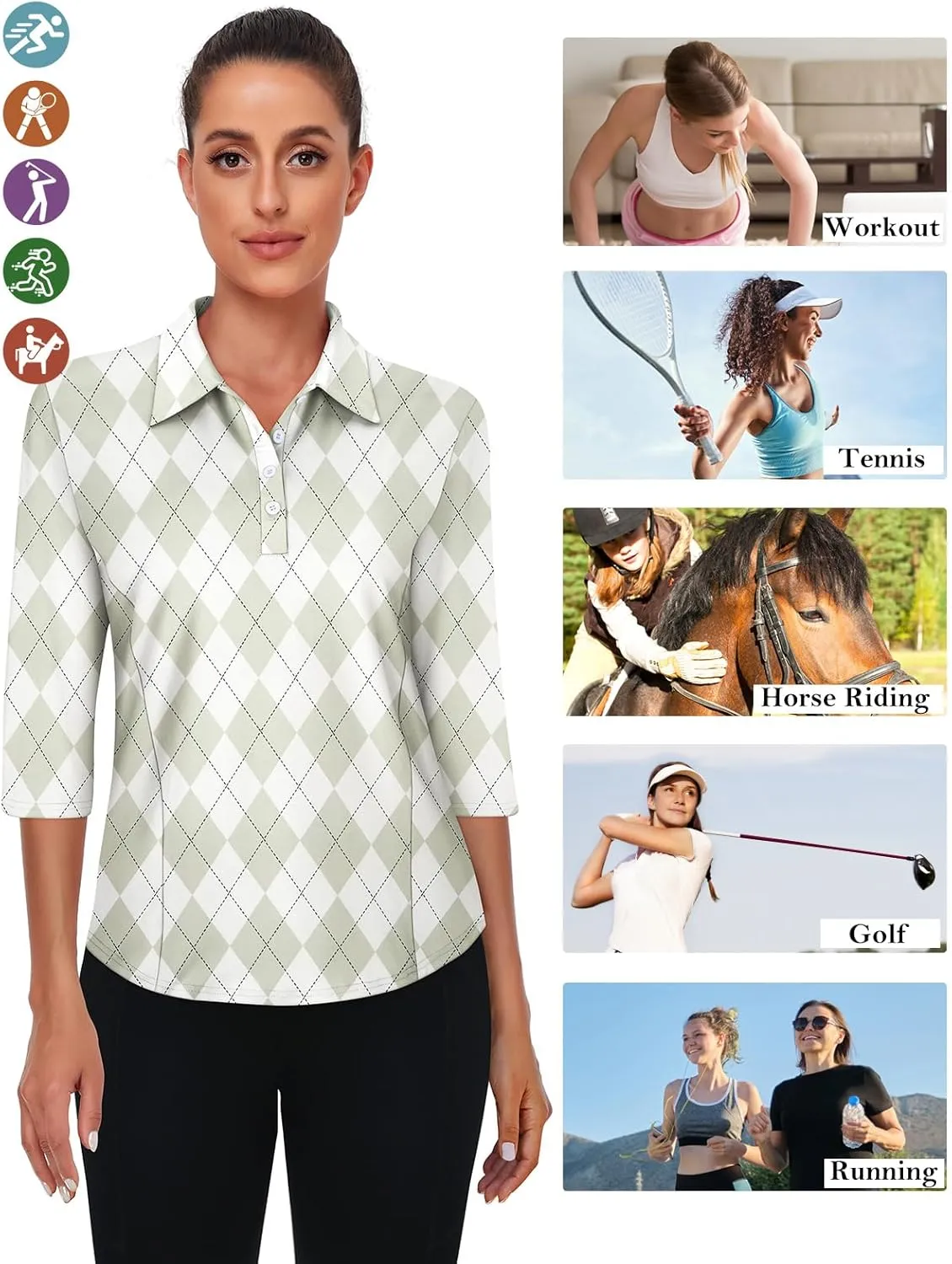 Zamowoty Women's 3/4 Sleeve Golf Tennis Polo Shirts 4-Button Dry Fit Workout Tops Athletic Shirt UPF50 