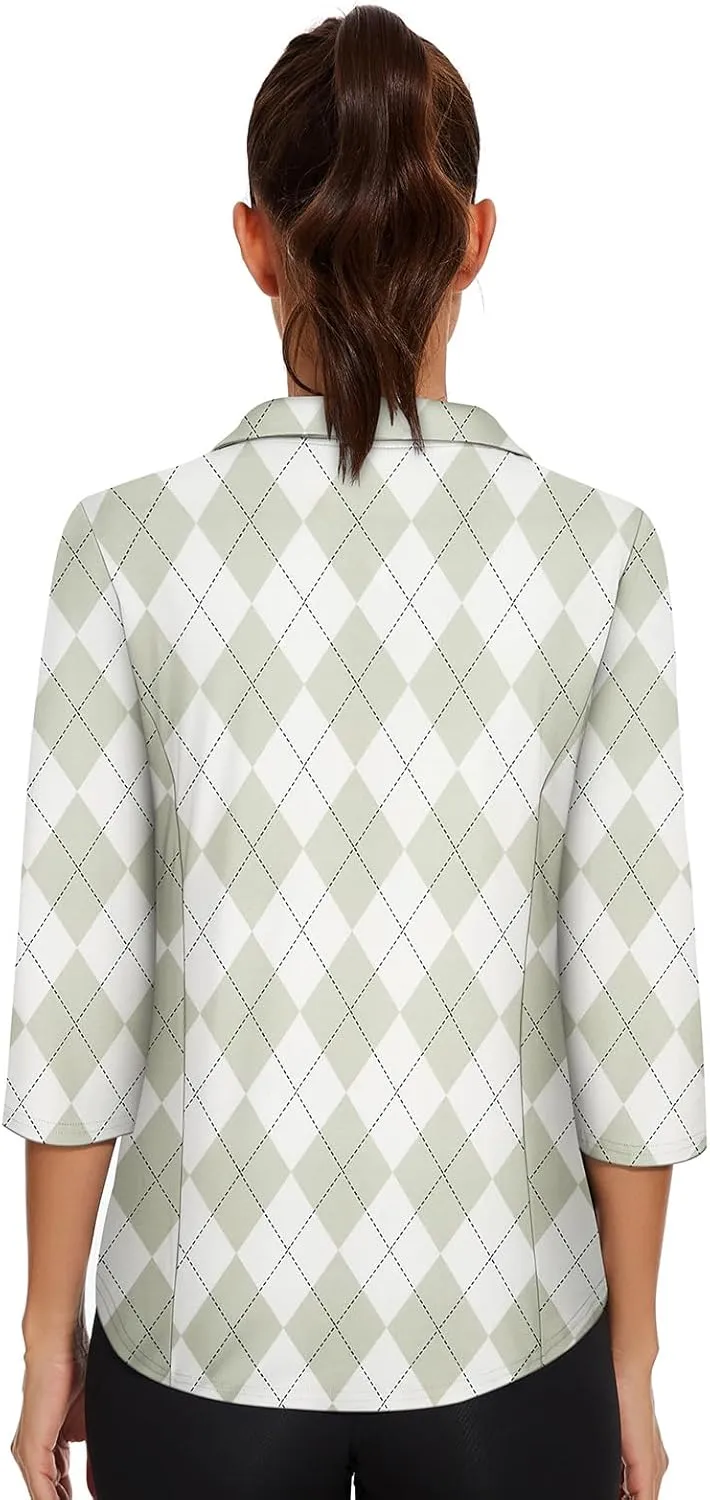 Zamowoty Women's 3/4 Sleeve Golf Tennis Polo Shirts 4-Button Dry Fit Workout Tops Athletic Shirt UPF50 