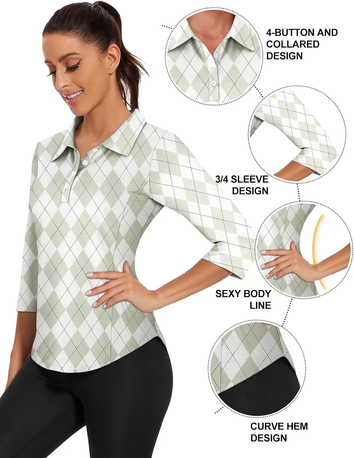 Zamowoty Women's 3/4 Sleeve Golf Tennis Polo Shirts 4-Button Dry Fit Workout Tops Athletic Shirt UPF50 