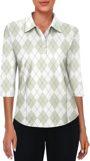 Zamowoty Women's 3/4 Sleeve Golf Tennis Polo Shirts 4-Button Dry Fit Workout Tops Athletic Shirt UPF50 