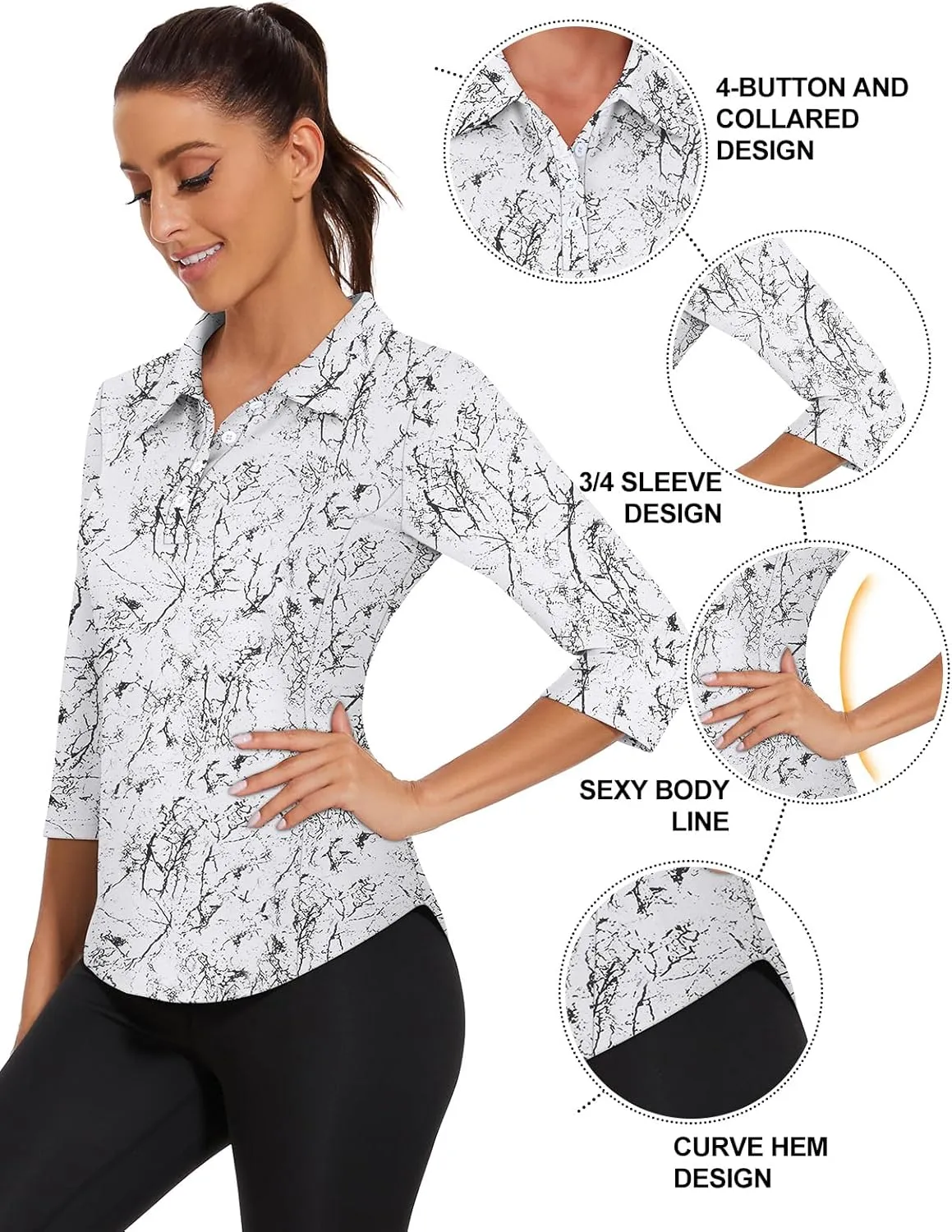 Zamowoty Women's 3/4 Sleeve Golf Tennis Polo Shirts 4-Button Dry Fit Workout Tops Athletic Shirt UPF50 